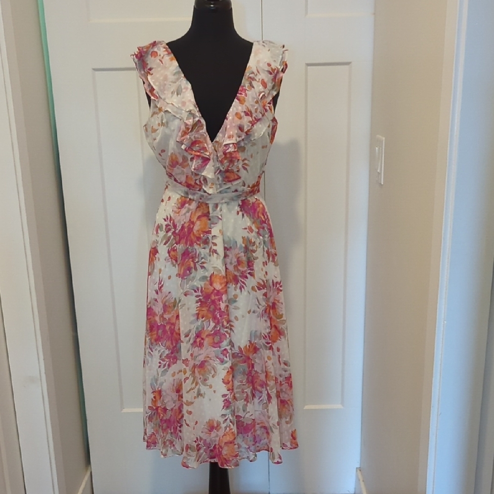 Size 10 Gabby Skye Pink and Orange Ruffled A-line Midi Dress